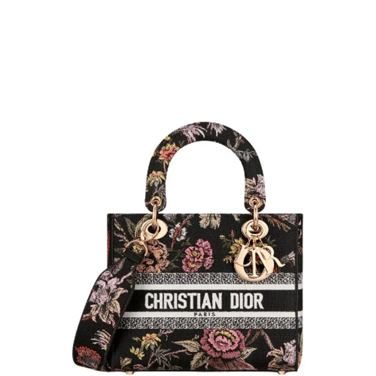 Luxury Bags DIR SMALL LADY D-LITE BAG BLACK JARDIN BOTANIQUE EMBROIDERY 17CM