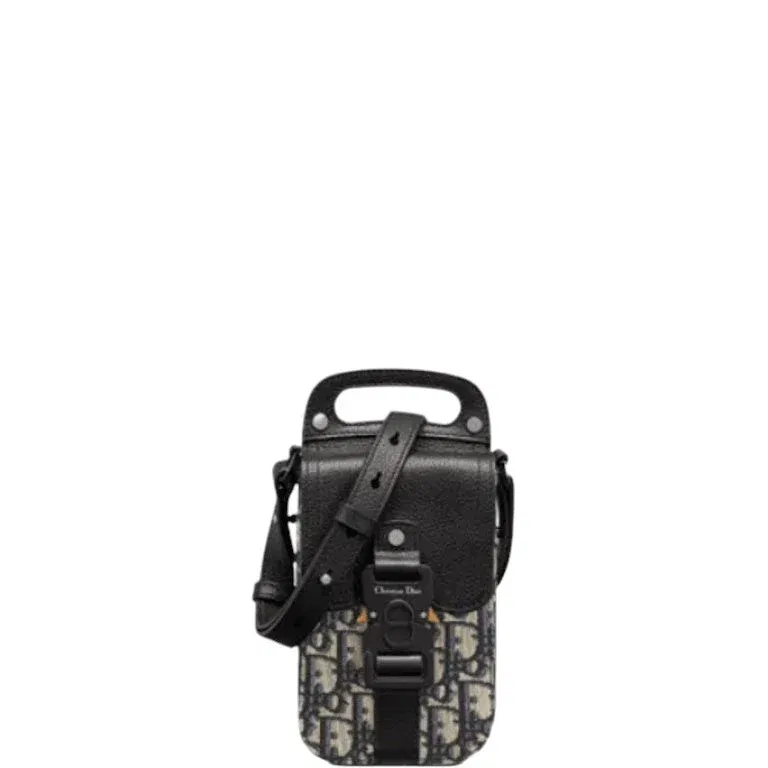 Luxury Bags DIR SADDLE VERTICAL POUCH WITH STRAP OBLIQUE JACQUARD AND DARK BLUE GRAINED CALFSKIN 11CM HIGH QUALITY