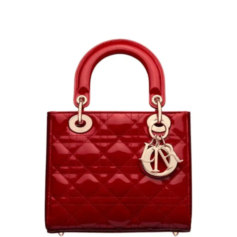Luxury Bags DIR SMALL LADY CHERRY RED PATENT CANNAGE CALFSKIN 17CM